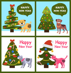 Happy New Year Posters Set Christmas Trees Puppies
