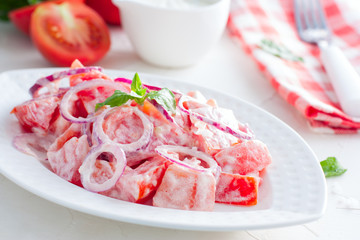 Fresh tomato salad with onion and sour cream, horizontal