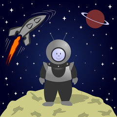 Cartoon astronaut on the moon. Space landscape.