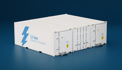 Battery energy storage facility made of shipping containers. 3d rendering.
