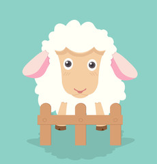 Cute  little sheep with wooden fence