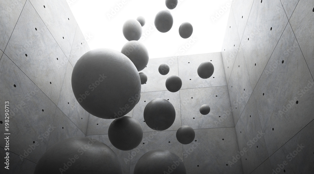 Leinwandbilder abstract of architecture space with cement sphere ball are falling to the ground and light and shado