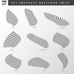 Set of abstract black color dots pattern halftone 3d twisted shapes on white background.