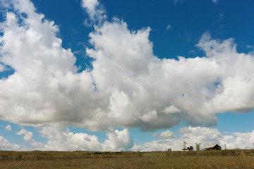 Fototapeta na wymiar A huge beautiful cloud over a small house. Tyva. Steppe. Sunny summer day. Outdoors