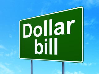 Currency concept: Dollar Bill on green road highway sign, clear blue sky background, 3D rendering