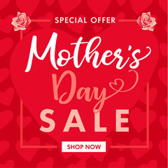 Happy Mother`s Day rose flower and hearts sale banner red. Special offer Sale lettering background for the Mother's Day. Best mom ever greeting card