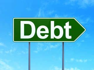 Finance concept: Debt on green road highway sign, clear blue sky background, 3D rendering