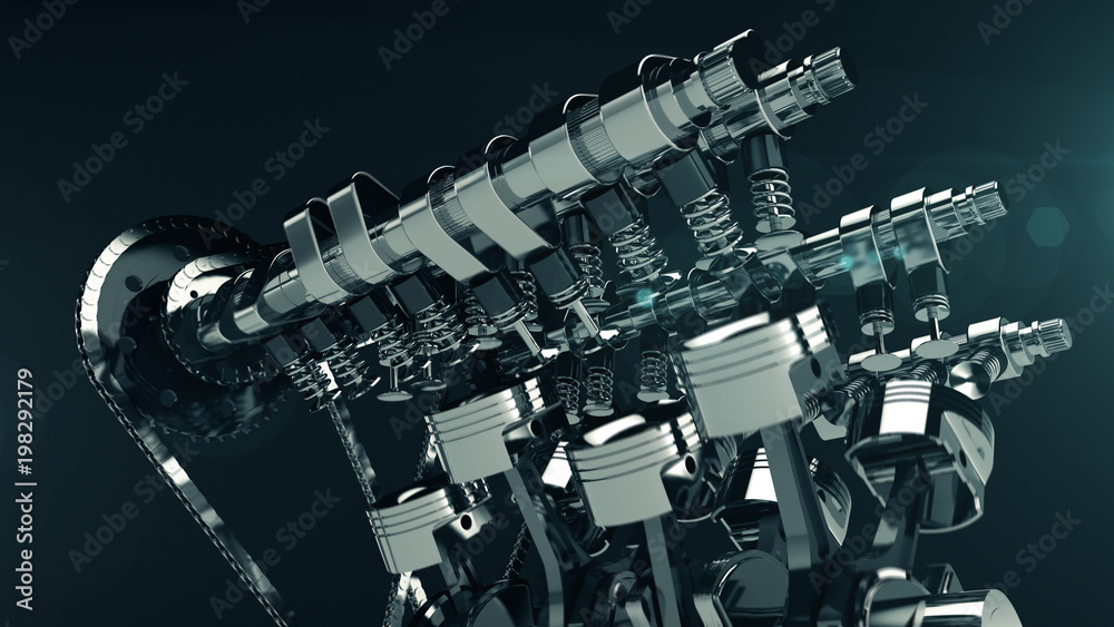 Poster 3D model of a working V8 engine with lens flare effect. Pistons and other mechanical parts are in motion.