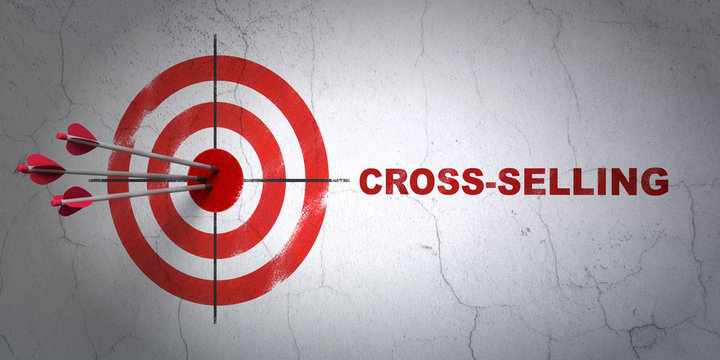 Success business concept: arrows hitting the center of target, Red Cross-Selling on wall background, 3D rendering