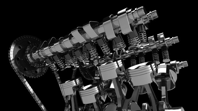 CG model of a working V8 engine. Pistons and other mechanical parts are in motion.