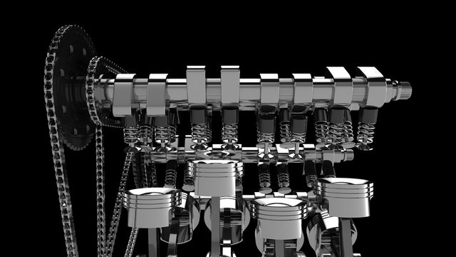 CG model of a working V8 engine. Pistons and other mechanical parts are in motion.