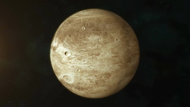 Realistic planet Pluto rotating in deep space. Seamless loop digital background.