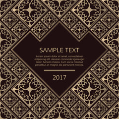 Vector golden frame. Square vintage card for design. Premium background in luxury style with space for text. Floral tiles.