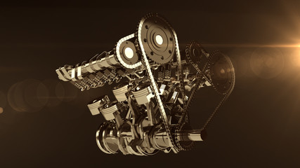 3D shot of a working V8 engine with lens flare effect. Pistons, camshaft, valves and other mechanical parts are in motion.