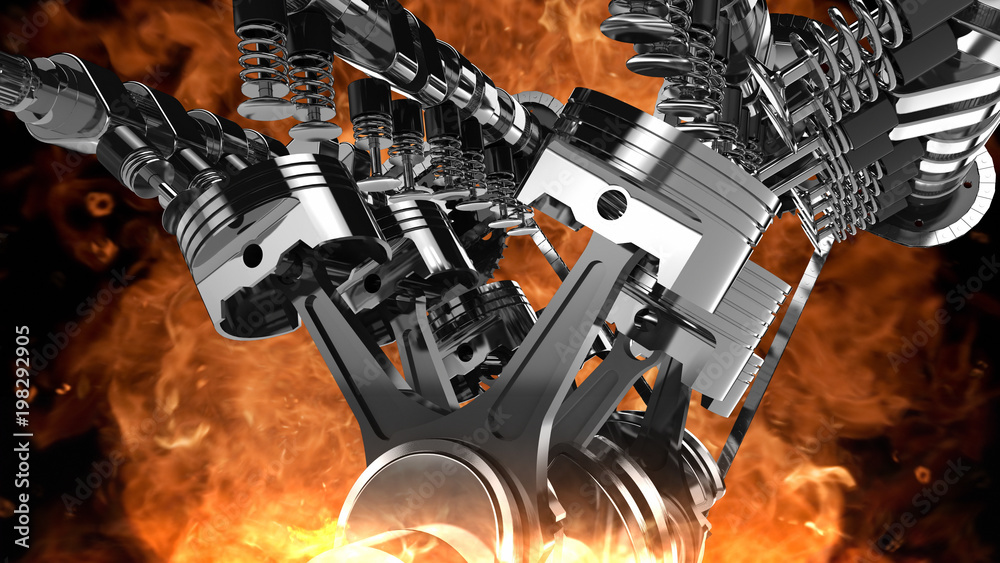 Aufkleber 3d model of a working v8 engine with explosions and flames. pistons, camshaft, valves and other mech