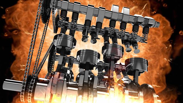 Low-angle shot of a working V8 engine with explosions and flames. Pistons, camshaft, valves and other mechanical parts are in motion.