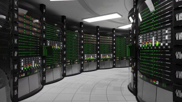 Modern working server room with rack servers. Cloud computing in datacenter, information storage. Blackout in server room, dos attack, hacking