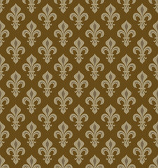 Royal Heraldic Lilies (Fleur-de-lis) — noble bronze/copper patina/velvet, seamless pattern, wallpaper background.