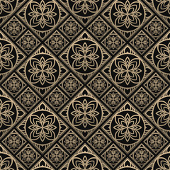 Seamless pattern oriental ornament. Black and golden textile print. Islamic vector design. Floral tiles.