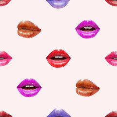 Seamless pattern of colorful sexy lips. Vector lipstick or lip gloss 3d realistic design. Fashion illustration