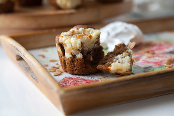 A delicious cupcake for a snack or for tea on a beautiful tray.
