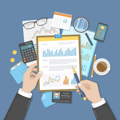 Businessman analyzes documents on clipboard. Auditing, accounting, analysis, analytics. Hands, calculator, calendar, folder, money, graphics on the table. Vector illustration Top view