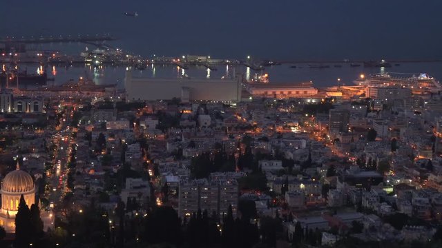 Pan right of Haifa at dusk