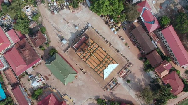 Pagode temple roof in Cambodia bird eye view from drone