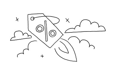 Outline sketch by hand draft. Launch a discount label flight in the sky drawing. Sale in the store. Hand drawn black line vector illustration.