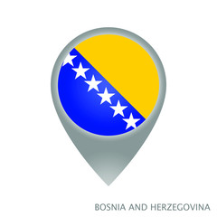 Map pointer with flag of Bosnia and Herzegovina. Gray abstract map icon. Vector Illustration.