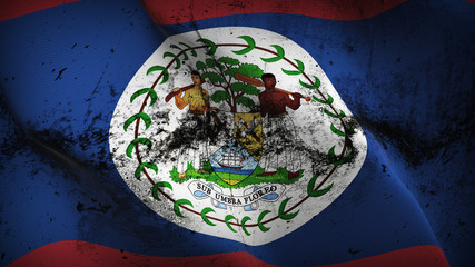 Belize grunge flag waving loop. Belizean dirty flag blowing on wind.