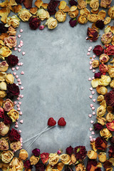 bright red hearts on the gray concrete background