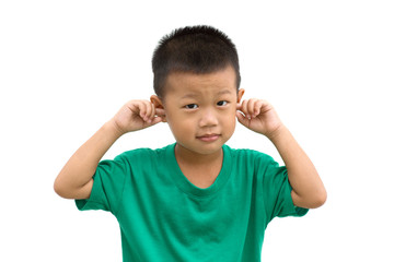 Asian boy covered his ears