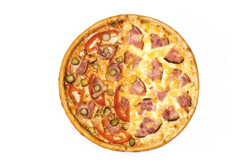 Italian pizza with two different flavors on a white background isolated top view of tasty and appetizing