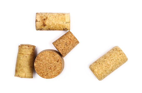 Wine corks isolated on white background, top view