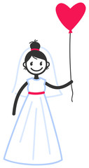 Vector illustration of cute stick figure happy bride in wedding dress holding red heart shaped balloon isolated on white background