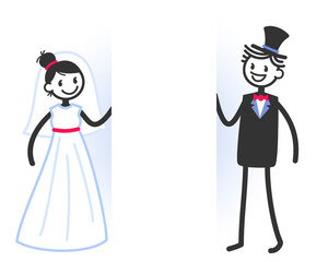 Vector wedding illustration of cute stick figures bridal couple with blank white space for your text isolated on white background, wedding invitation template