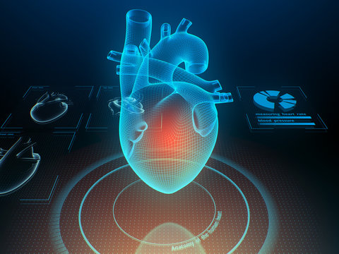 Heart with pain center. Virtual digital imaging. 3d illustration.