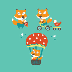 Vector set of cute hand drawn foxes with hens