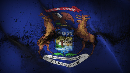 Michigan US State grunge flag waving loop. United States of America Michigan dirty flag blowing on wind.