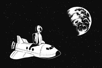 Astronaut sits on space shuttle and watches to Earth.Cosmic theme. Vector illustration