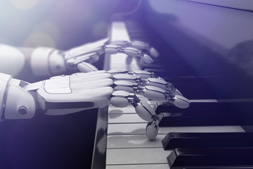 Artificial intelligence hands playing the piano. Technology of machine learning. 3D illustration.