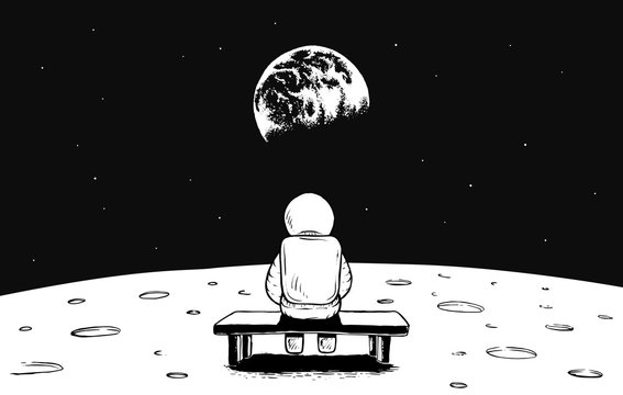 Astronaut sits on bench on Moon and watches to Earth.Prints design.Space vector illustration