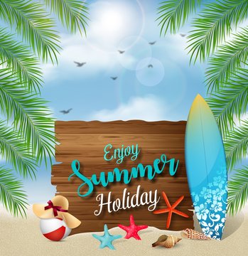 Enjoy summer holidays banner design with a wooden sign for text and beach elements