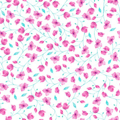Watercolor flower bouganvillea seamless pattern on white background. Can be used for packaging,cards,invitations,printing on fabric.