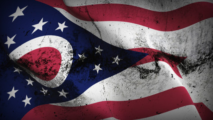 Ohio US State grunge flag waving loop. United States of America Ohio dirty flag blowing on wind.