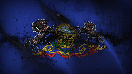 Pennsylvania US State grunge flag waving loop. United States of America Pennsylvania dirty flag blowing on wind.