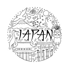 Hand drawn symbols of Japan in circle shape. Japanese culture and architecture.