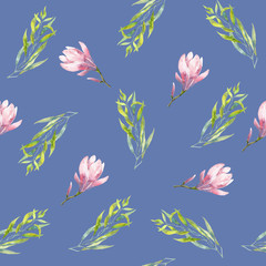 Floral seamless watercolor pattern with leaves and magnolia