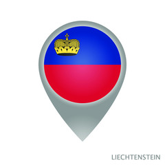 Map pointer with flag of Liechtenstein. Gray abstract map icon. Vector Illustration.